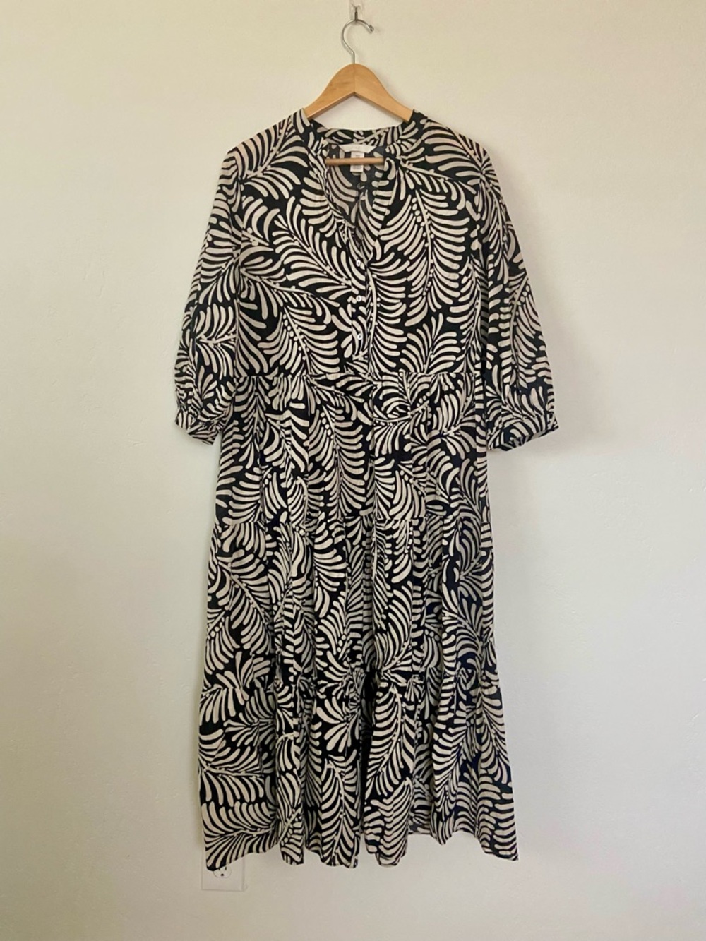 H&M Black and White Botanical-Print Tiered Midi Dress